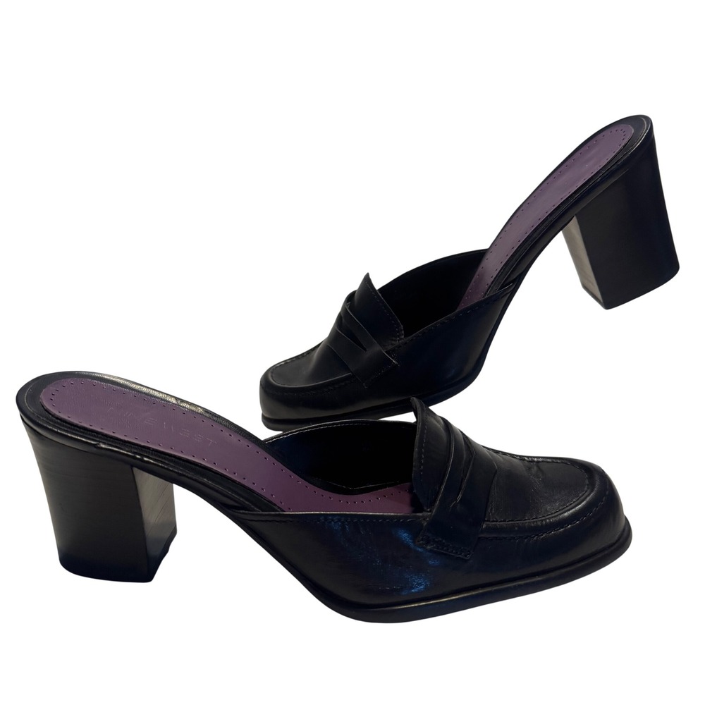 Nine West Women Black Leather Loafer Mule Block Heels Y2K Size 8‎ Shoes